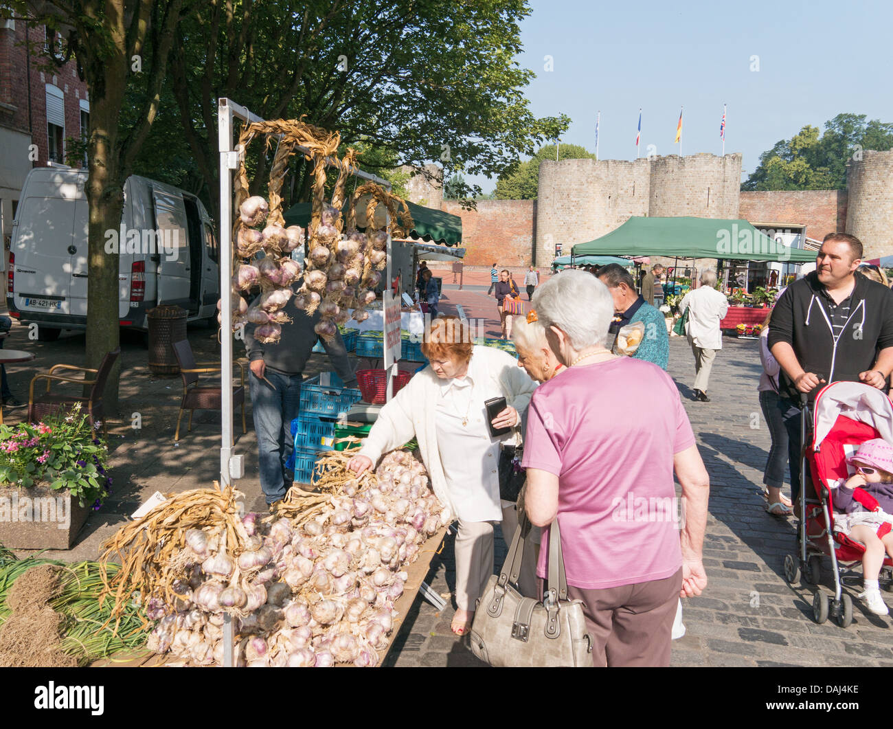 Marché de plein air vente de décrochage la nouvelle récolte de l'ail, Peronne, dans le nord de la France Banque D'Images