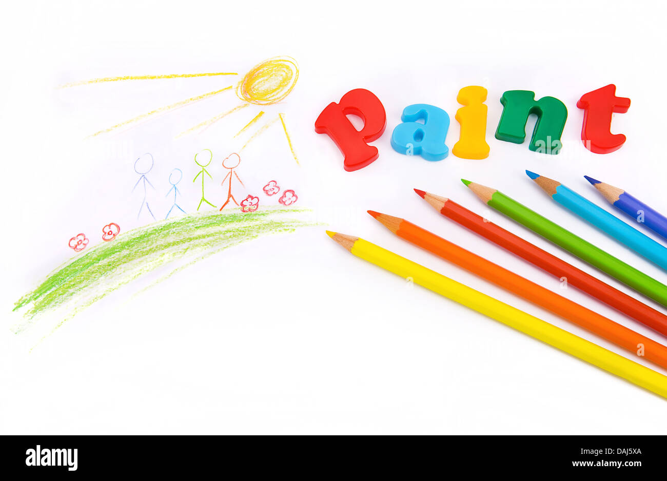 La peinture, crayons de couleur, dessin sur fond blanc Banque D'Images