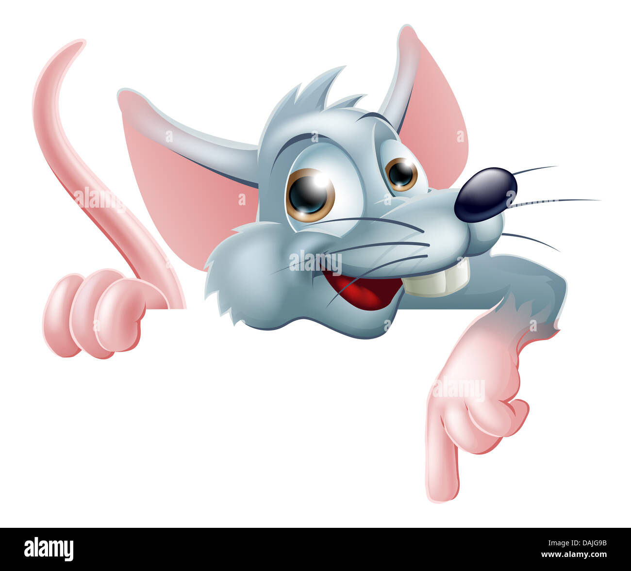 Illustration d'un dessin animé plus gris rat peeping signe et pointant vers le bas Banque D'Images