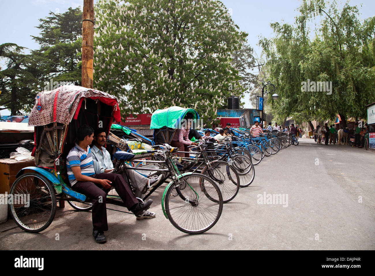 Deux hommes assis sur le rickshaw, Mall Road, Mussoorie, Uttarakhand, Inde Banque D'Images