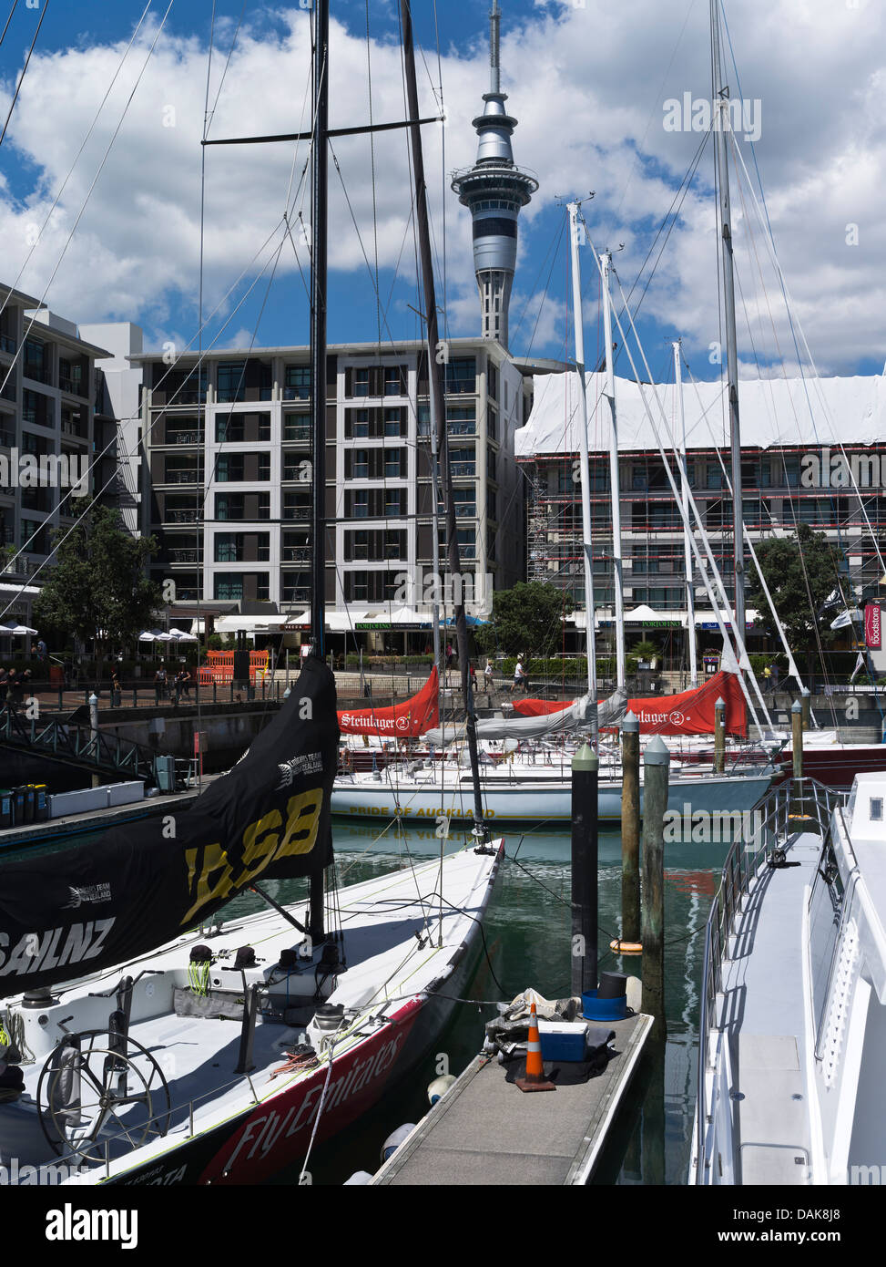 Dh Viaduct Basin AUCKLAND NEW ZEALAND Racing yachts Sky Tower Building Auckland Harbour waterfront voile Banque D'Images