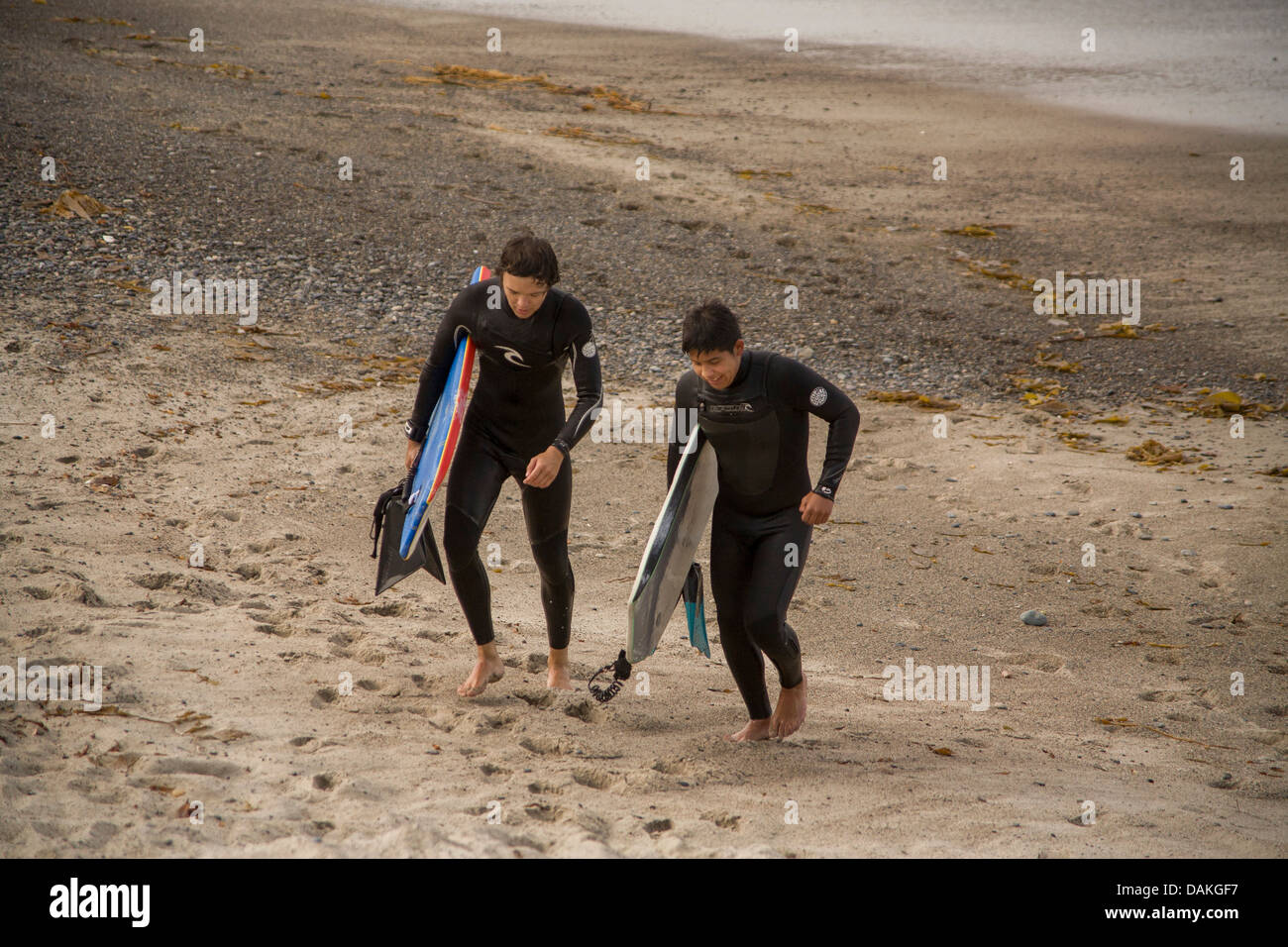 Le port de combinaisons et l'exécution des planches, deux adolescent membres de l'équipe de surf de l'école secondaire à pied à travers la ville's beach. Banque D'Images