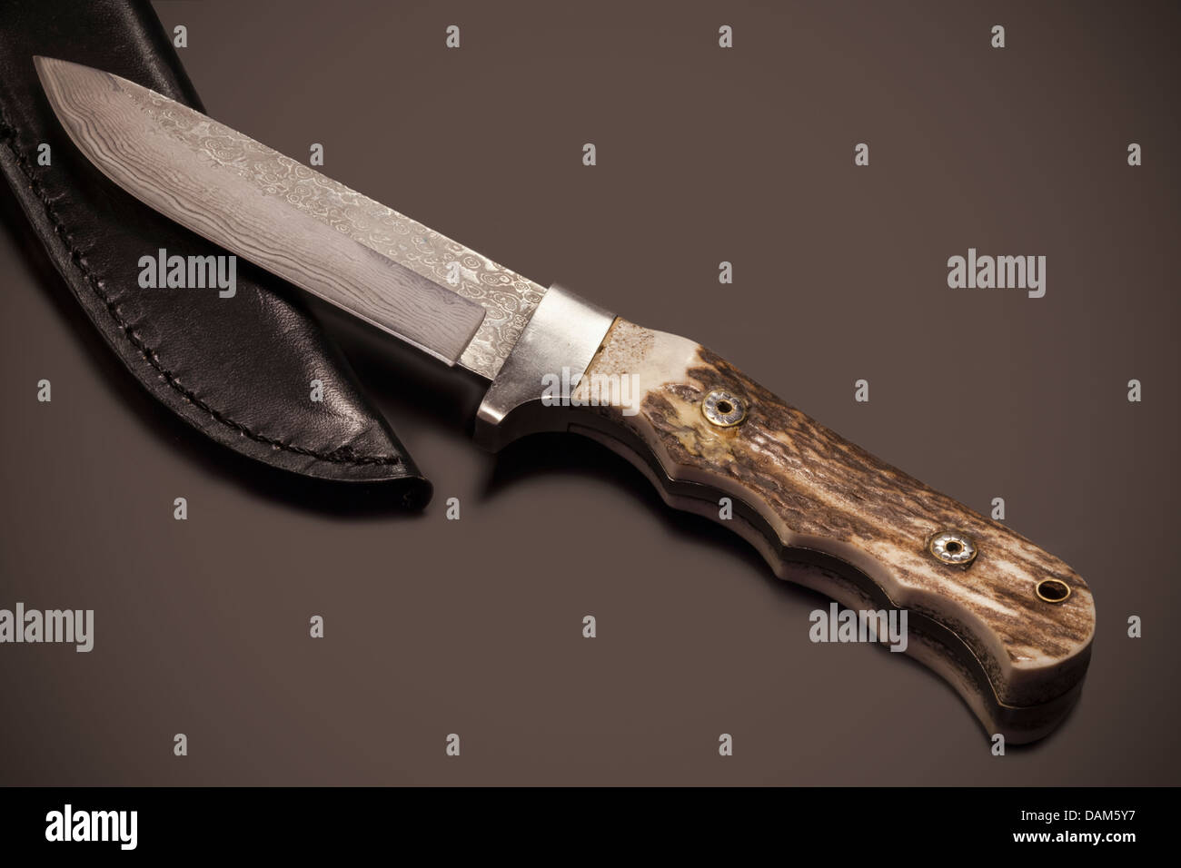 Couteau avec lame Damas et fourreau de cuir noir, Close up Banque D'Images