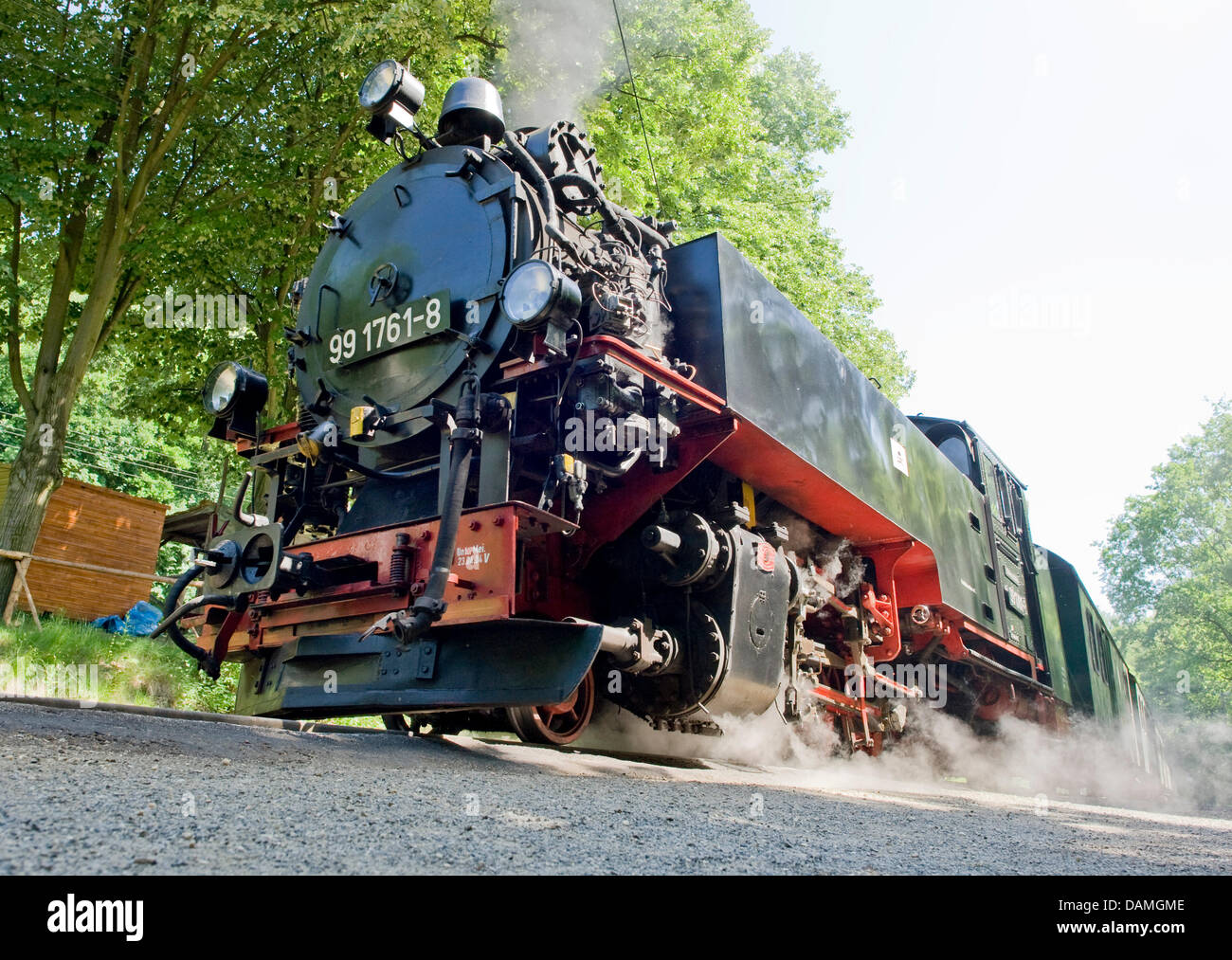 Le chemin de fer de la vallée de Loessnitz à travers Radebeul, Allemagne, 25 mai 2011. Que la Saxe's quatrième de fer à voie étroite qu'il a été en service depuis 1884 et s'est connecté et Radebeul Radeburg depuis. Photo : Martin Foerster Banque D'Images