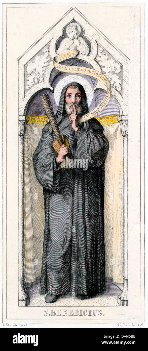 Benoît de Nursie, fondateur de monastères bénédictins. La gravure à la main, Banque D'Images