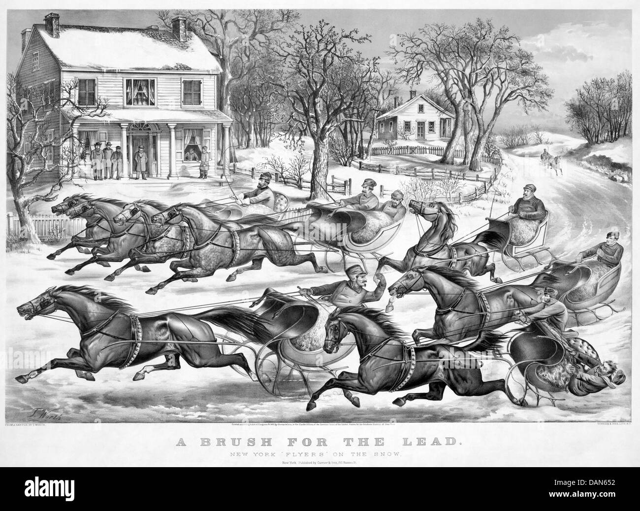 Un PINCEAU POUR LE PLOMB - New York Flyers sur la neige. Lithographie de Currier et Ives engaved par Thomas Worth en 1867 Banque D'Images