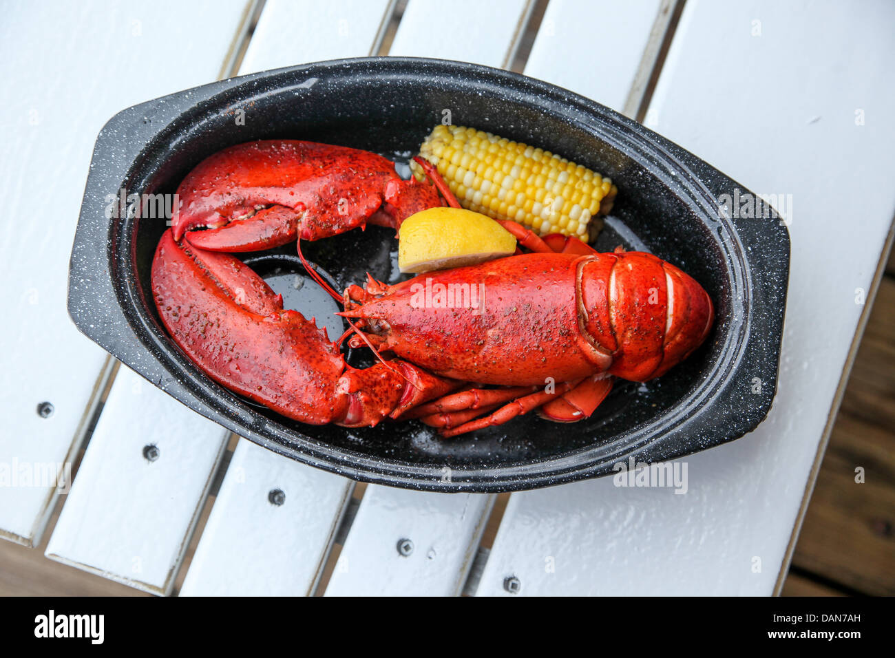 Maine Red Lobster dish avec du beurre et du maïs Banque D'Images