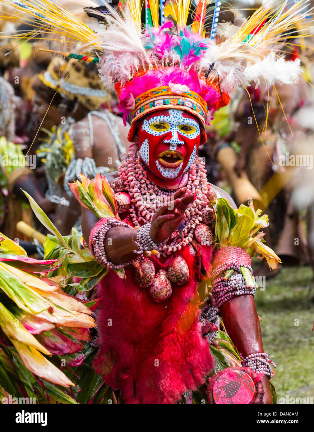 Femme dansant avec son visage peint, portant des coquillages et des peaux  d'animaux, Spectacle, Goroka Papouasie Nouvelle Guinée Photo Stock - Alamy