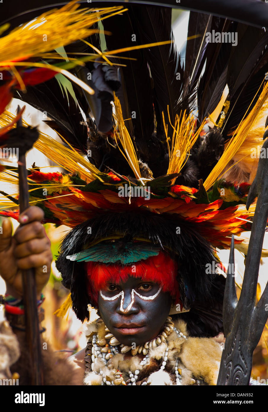 Jeune femme avec son visage peint et coiffés de plumes Goroka Festival, Papouasie Nouvelle Guinée Banque D'Images