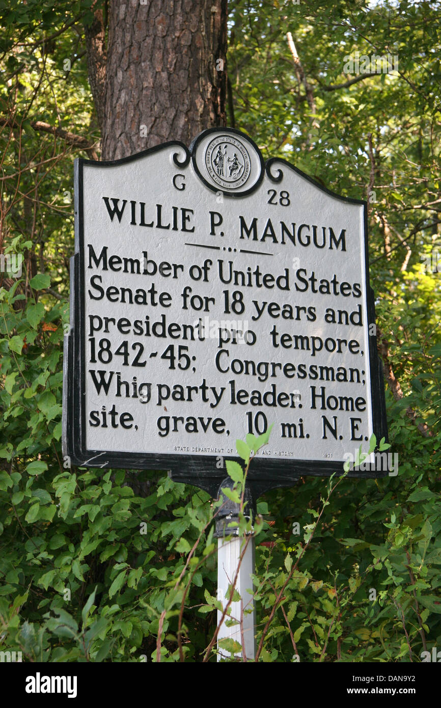 WILLIE P. MANGUM Membre du Sénat des États-Unis pendant 18 ans et président pro tempore, 1842-45 ; le membre du Congrès ; chef du parti whig. Accueil site, tombe, 10 mi. N.E. Ministère de l'état des archives et d'histoire, 1971 Banque D'Images