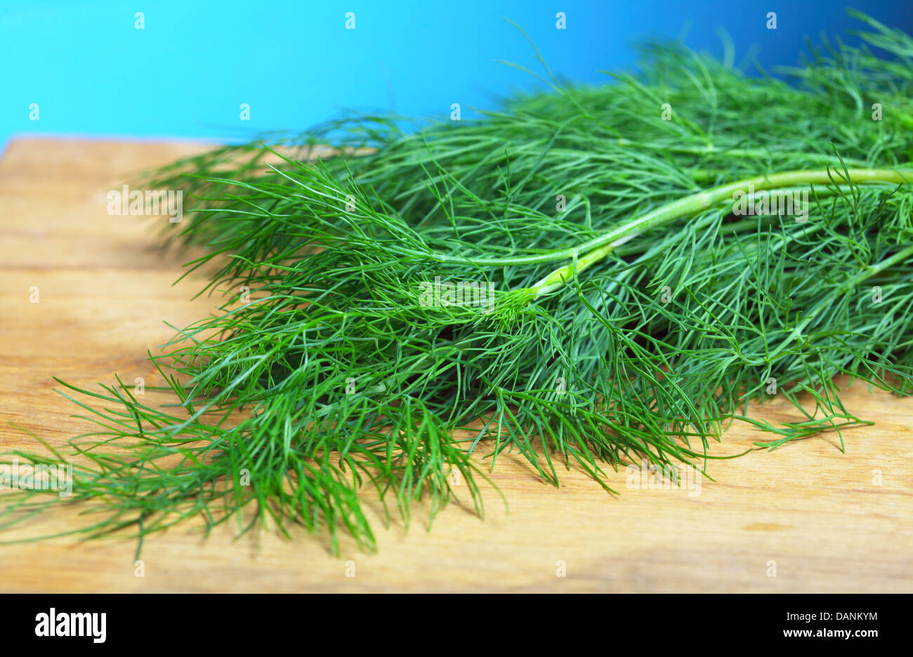 Bouquet d'aneth sur herbe verte ancienne table en bois Banque D'Images