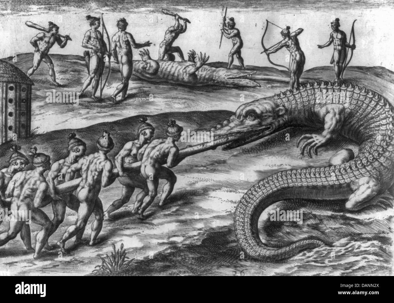 Assassinat d'alligators - Autochtones attaquer et tuer les alligators en faisant adopter un pôle vers le bas c'est de la gorge, de la renverser, le battre avec les clubs, et le tournage avec des flèches, vers 1591 Banque D'Images