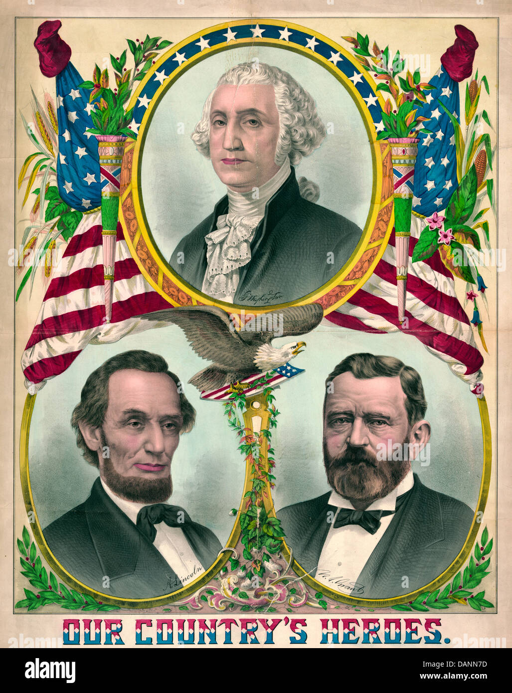 Les héros de notre pays - George Washington, Abraham Lincoln et Ulysses Grant sur une affiche, vers 1880 Banque D'Images
