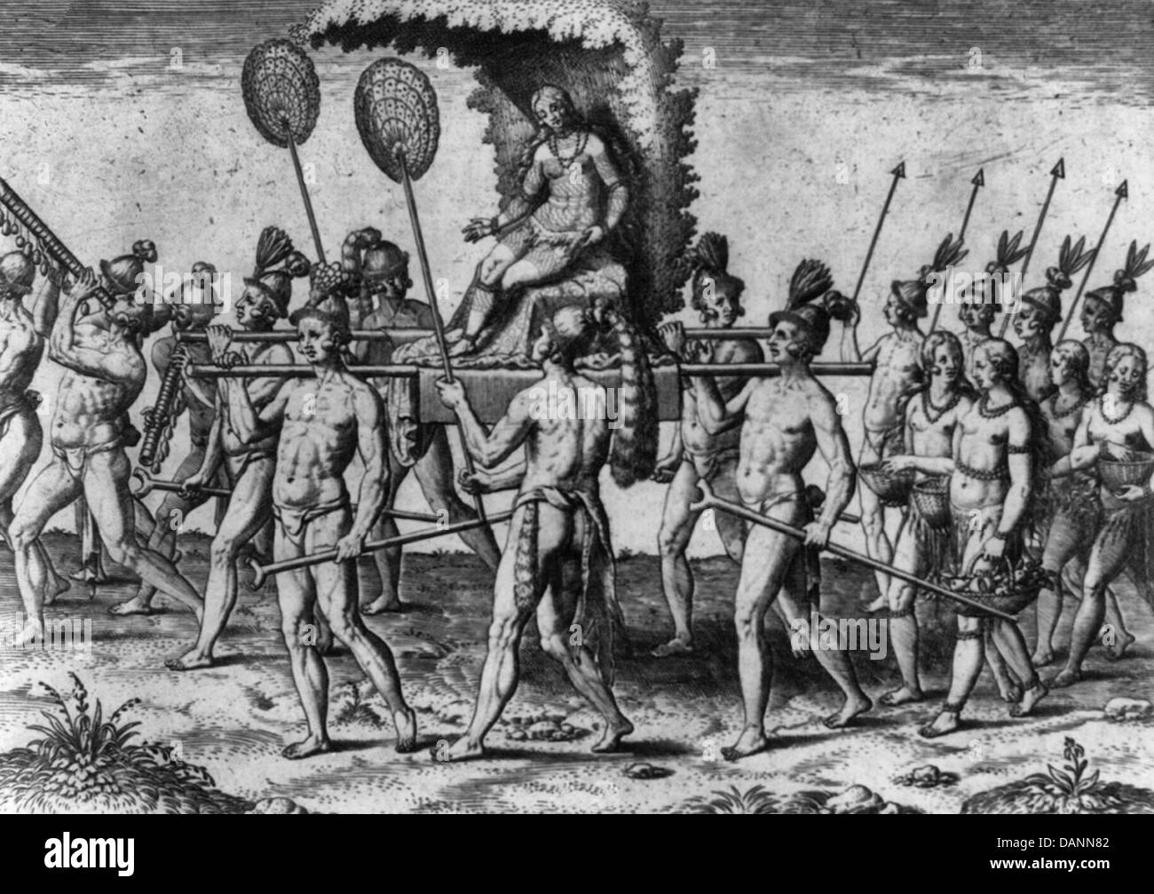 La reine élus est apporté au roi - des hommes autochtones transportant la reine assise sur un trône soutenu par une litière ; tête du cortège des trompettes qui est suivie par les jeunes femmes portant des paniers de fruits et par un contingent de gardes du corps, vers 1591 Banque D'Images