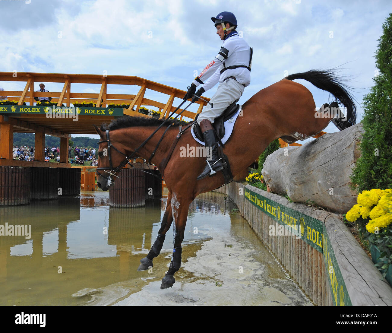 Equestrian dressage britannique William Fox-Pitt saute par dessus un obstacle naturel avec son cheval Neuf des coeurs pendant les essais au sol à Aix-la-Chapelle, Allemagne, 16 juillet 2011. Il a remporté la troisième place. Photo : Uwe Anspach Banque D'Images