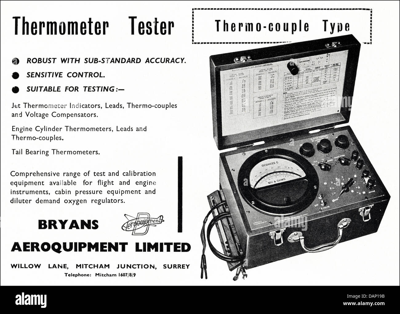 Publicité pour testeur thermomètre par Aeroquipment Bryans Limited Mitcham Junction Surrey England UK fournisseurs à l'industrie de l'aéronautique annonce dans le magazine Commerce vers 1955 Banque D'Images