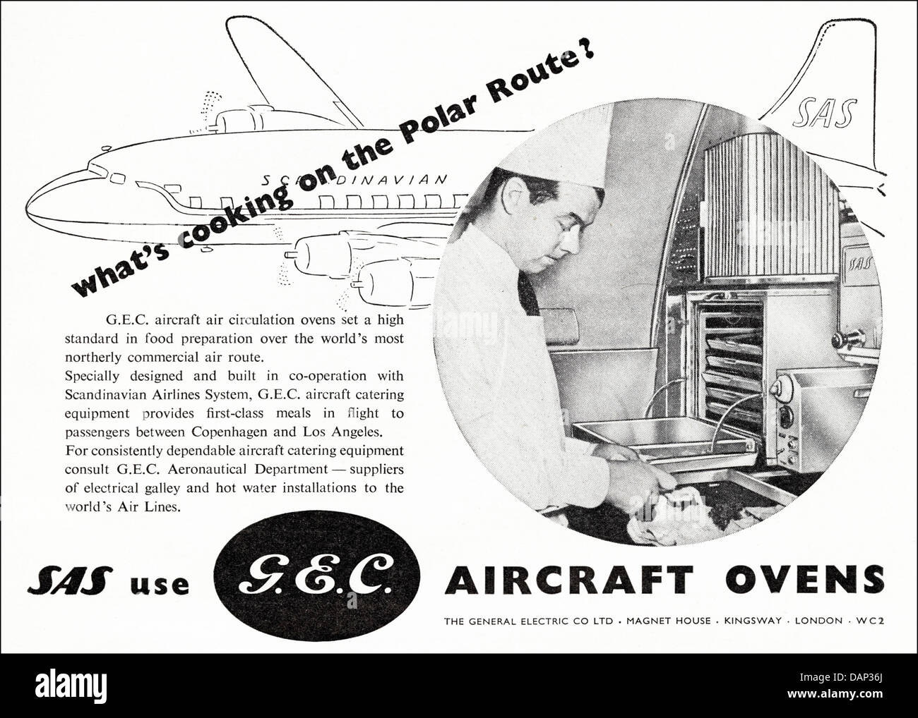 Publicité pour aéronefs G.E.C. fours par la General Electric Co Ltd London England UK fournisseurs à l'industrie de l'aéronautique annonce dans le magazine Commerce vers 1955 Banque D'Images