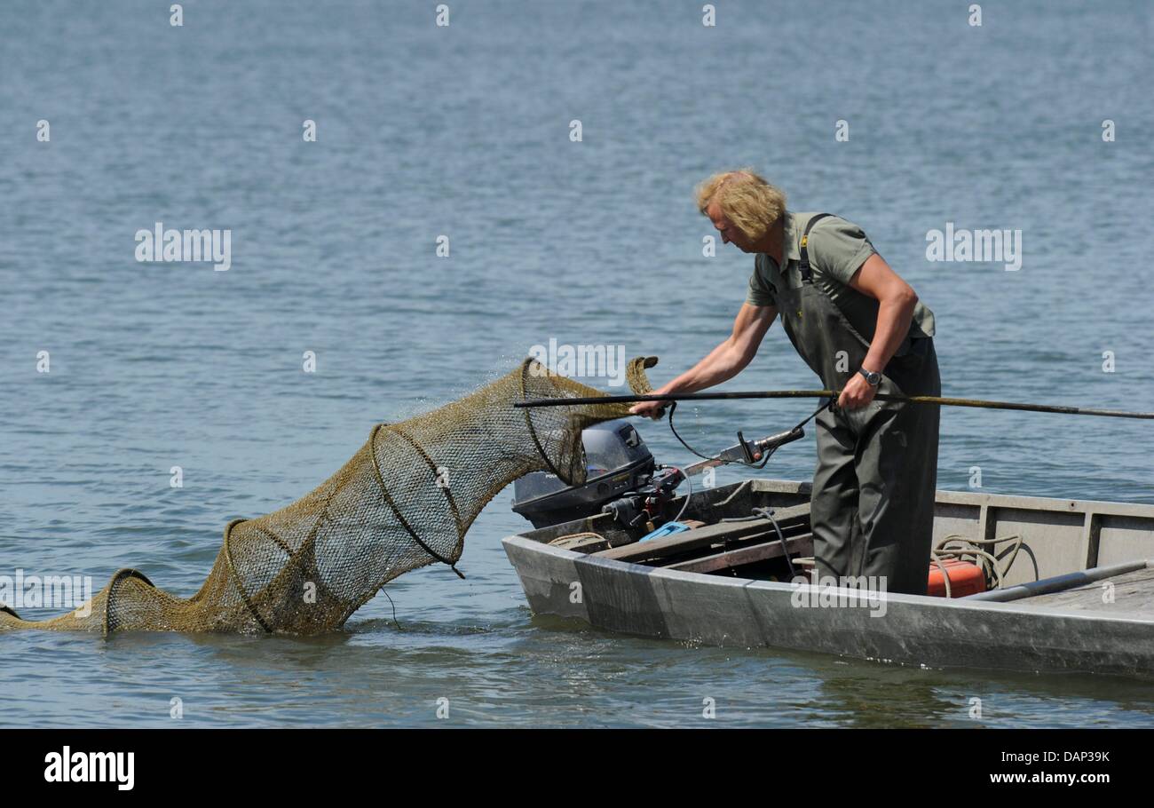 Mahrt Rieke Fisher tire un piège à poissons dans son bateau sur le lac