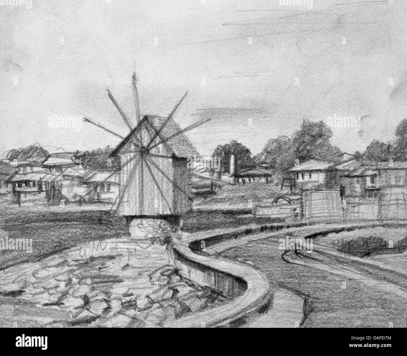 Dessin au crayon noir et blanc de l'ancien moulin dans Nesebarl, sur la côte bulgare de la mer Noire. Banque D'Images