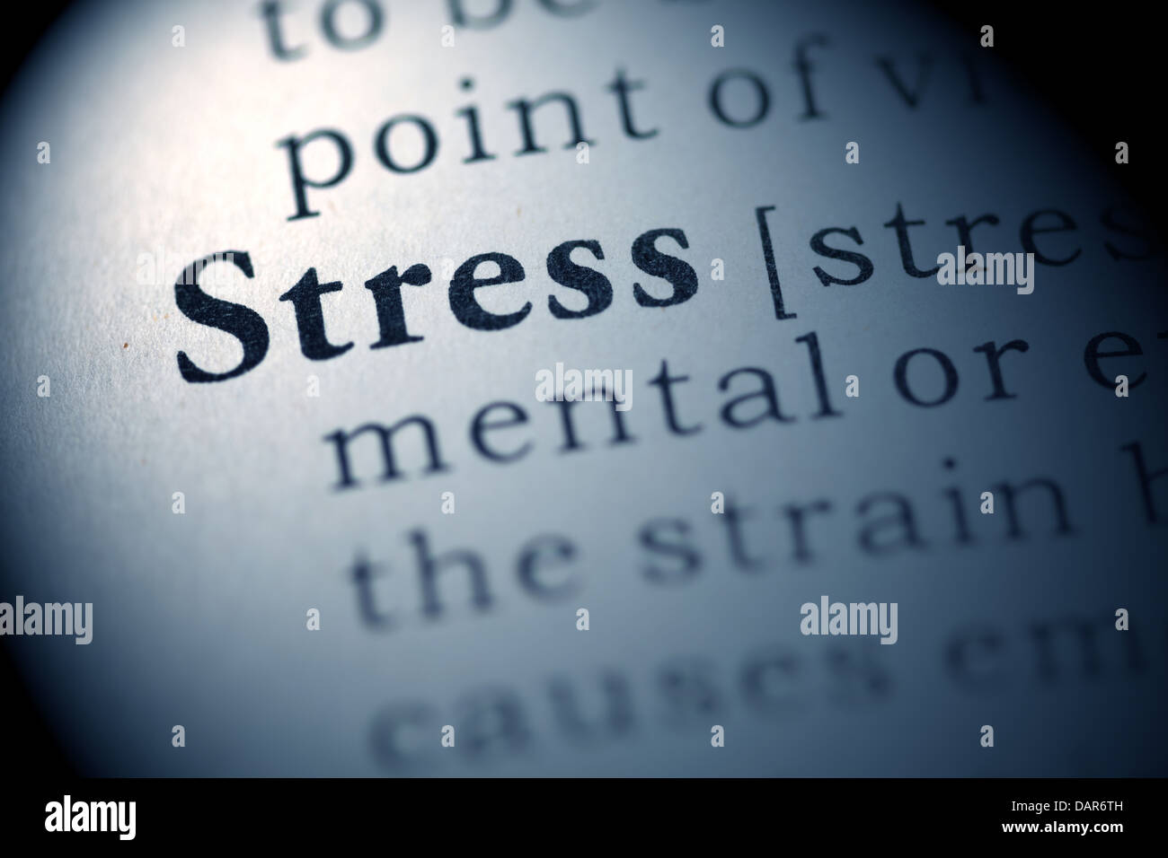 Faux dictionnaire, dictionnaire définition du mot stress. Banque D'Images
