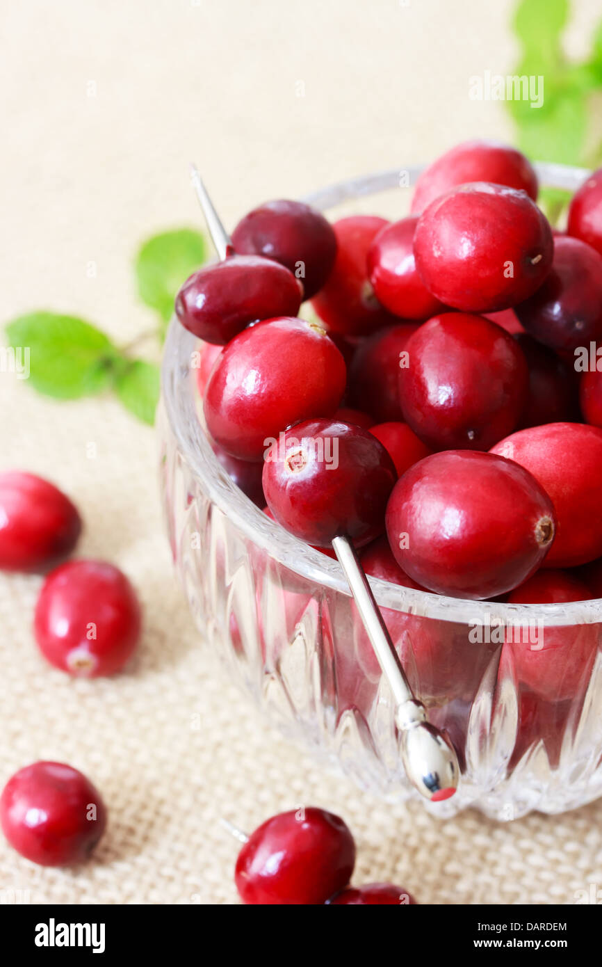 Canneberges fraîches dans un récipient en verre Banque D'Images