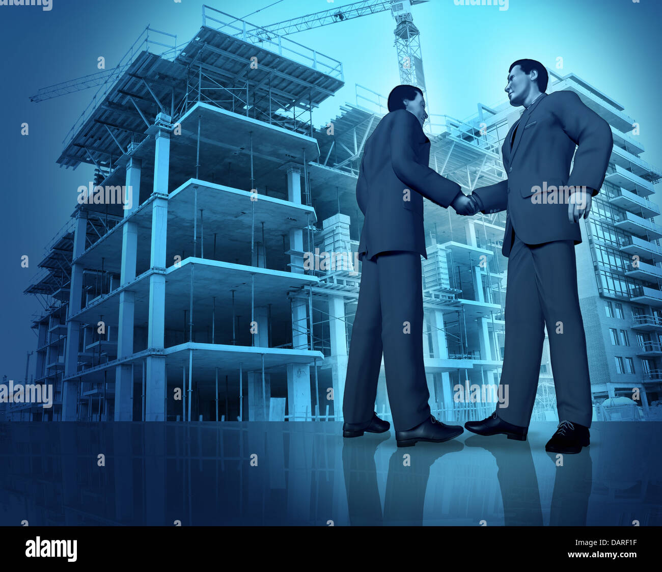L'accord de construction avec deux business people shaking hands at a commercial realestate site de construction comme un concept d'investir dans les nouveaux aménagements pour le succès financier. Banque D'Images