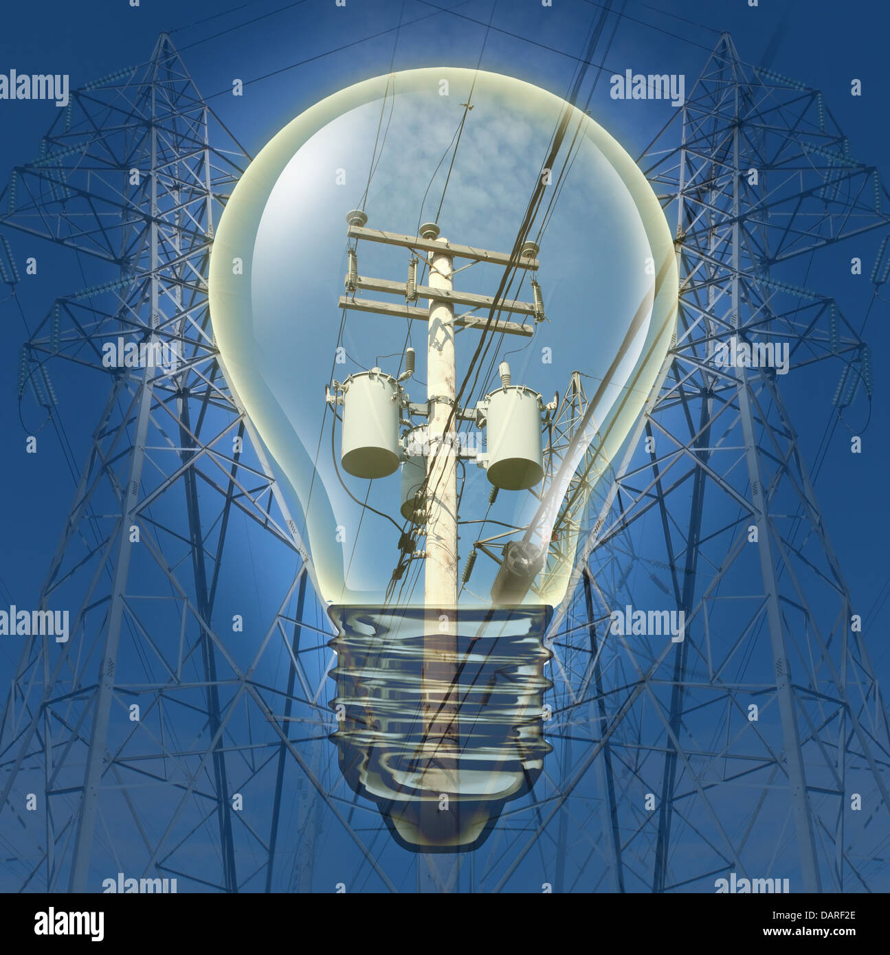 Concept d'électricité avec les pylônes d'alimentation de la distribution d'électricité avec une ampoule à incandescence soulignant l'équipement électrique comme un concept d'énergie et d'alimentation pour la conservation et l'environnement. Banque D'Images