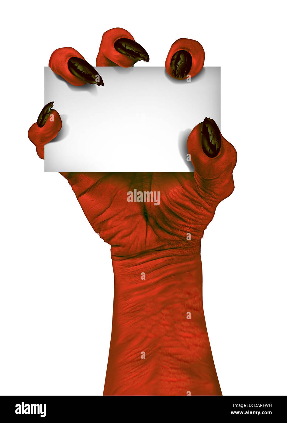 Démon ou diable hand holding a blank sign card comme un symbole effrayant ou halloween creepy avec texture peau rouge et ridée monster Banque D'Images