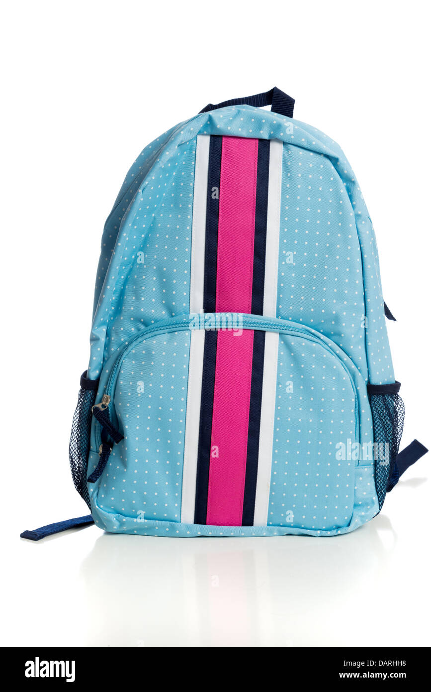 Un sac à dos bleu et rose sur fond blanc Banque D'Images