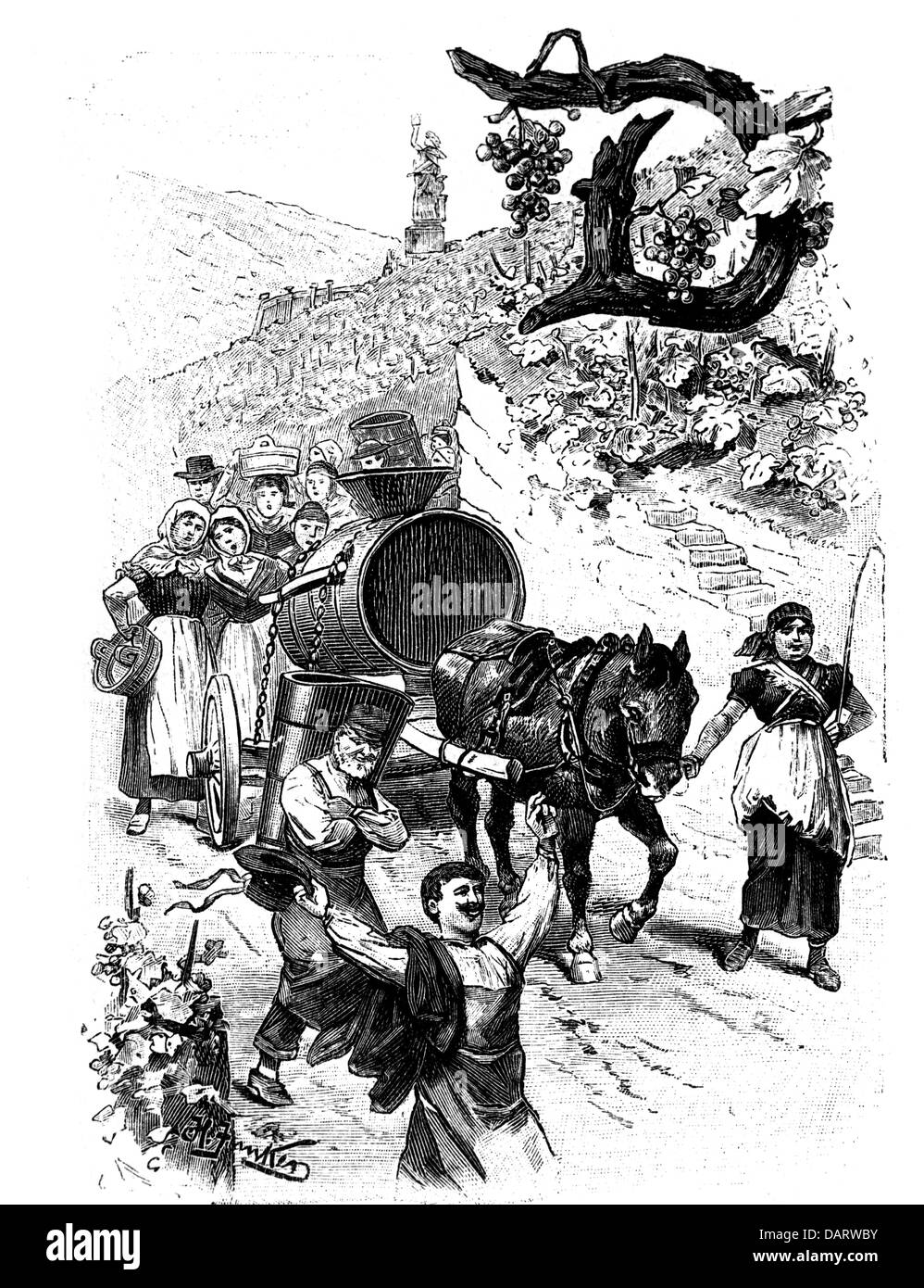 agriculture, viticulture, millésime dans le Rheingau, transport des raisins dans la vallée, gravure de bois après dessin par H. Junker, 'Die Gartenlaube', 1893, droits additionnels-Clearences-non disponible Banque D'Images