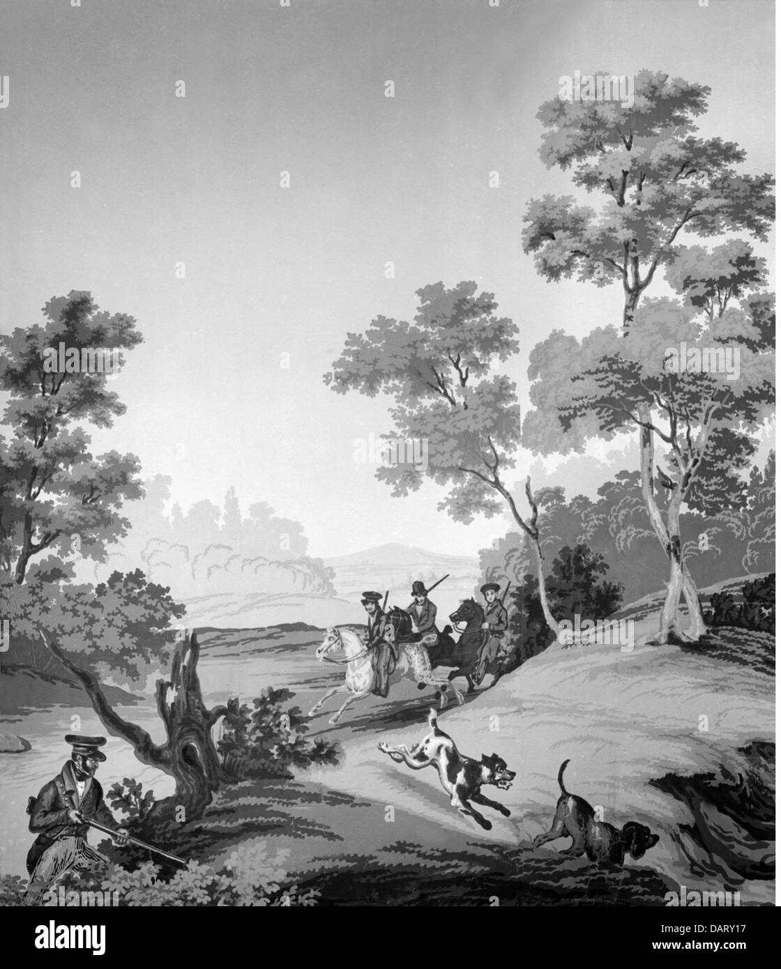 Chasse, chasse au volant, 'la Grande chasse' (Die grosse Jagd), papier peint, design par Dentil, vers 1830, droits supplémentaires-Clearences-non disponible Banque D'Images