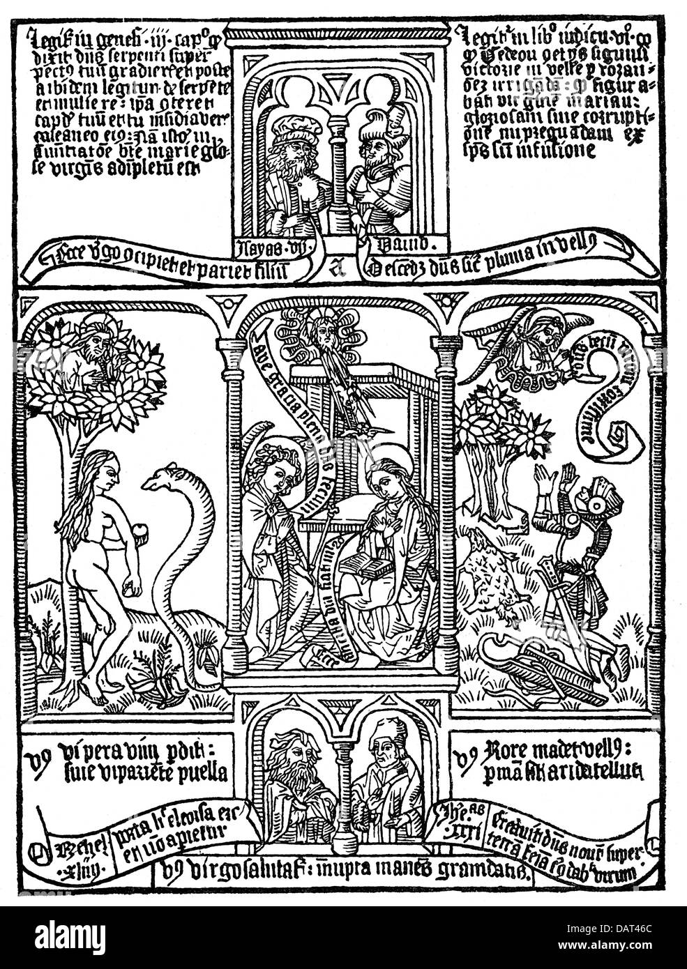 Littérature, Bible, biblia pauperum, coupe de bois avec annonce, imprimé: Johannes Gutenberg (vers 1400 - 1468), 1462, droits additionnels-Clearences-non disponible Banque D'Images