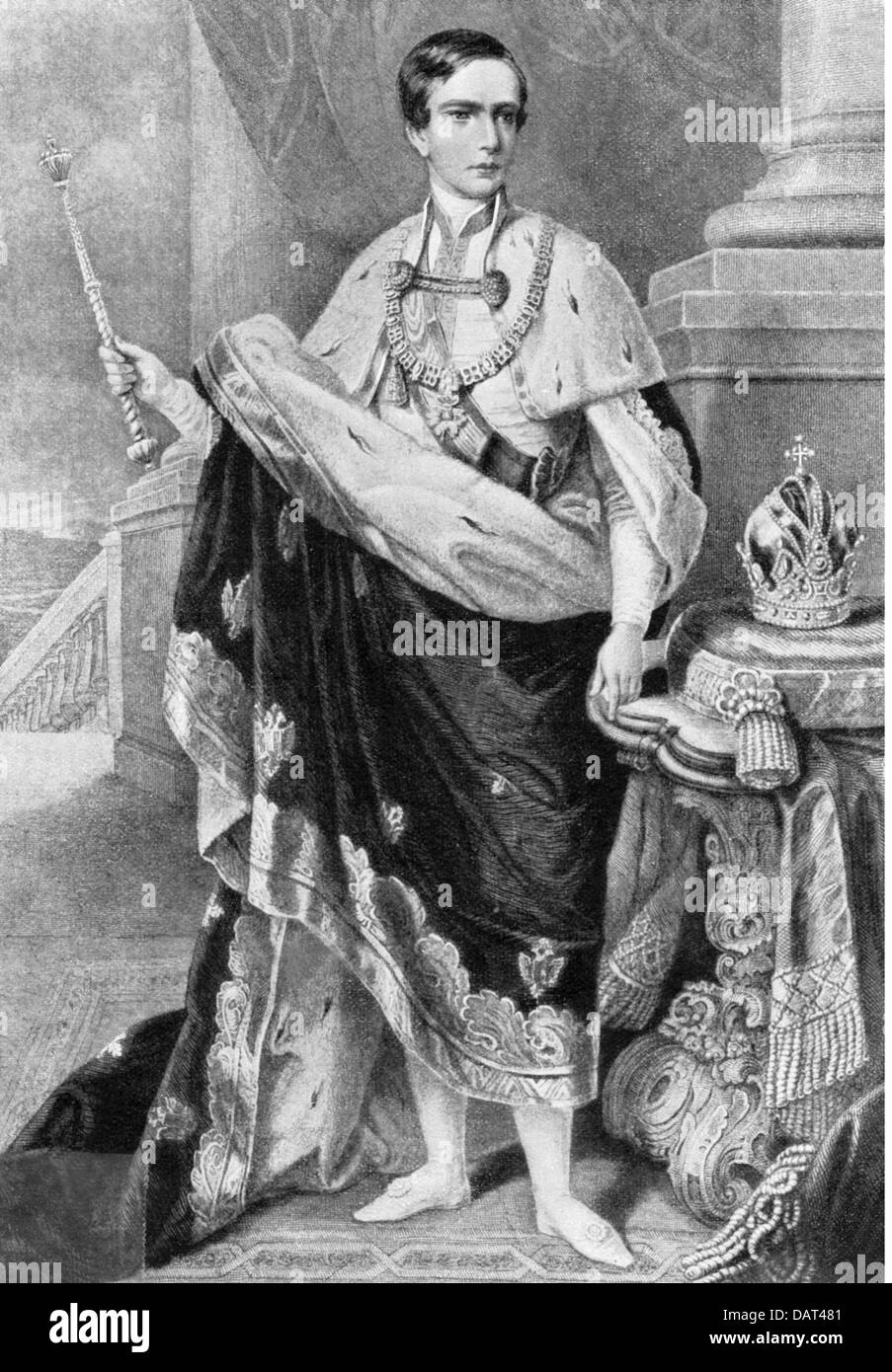 François-Joseph, 18.8.1830 - 21.11.1916, l'empereur d'Autriche 2.12.1848 - 21.11.1916, pleine longueur à coronation regalia, après impression, gravure sur acier, 1848 Copyright de l'artiste n'a pas à être effacée Banque D'Images