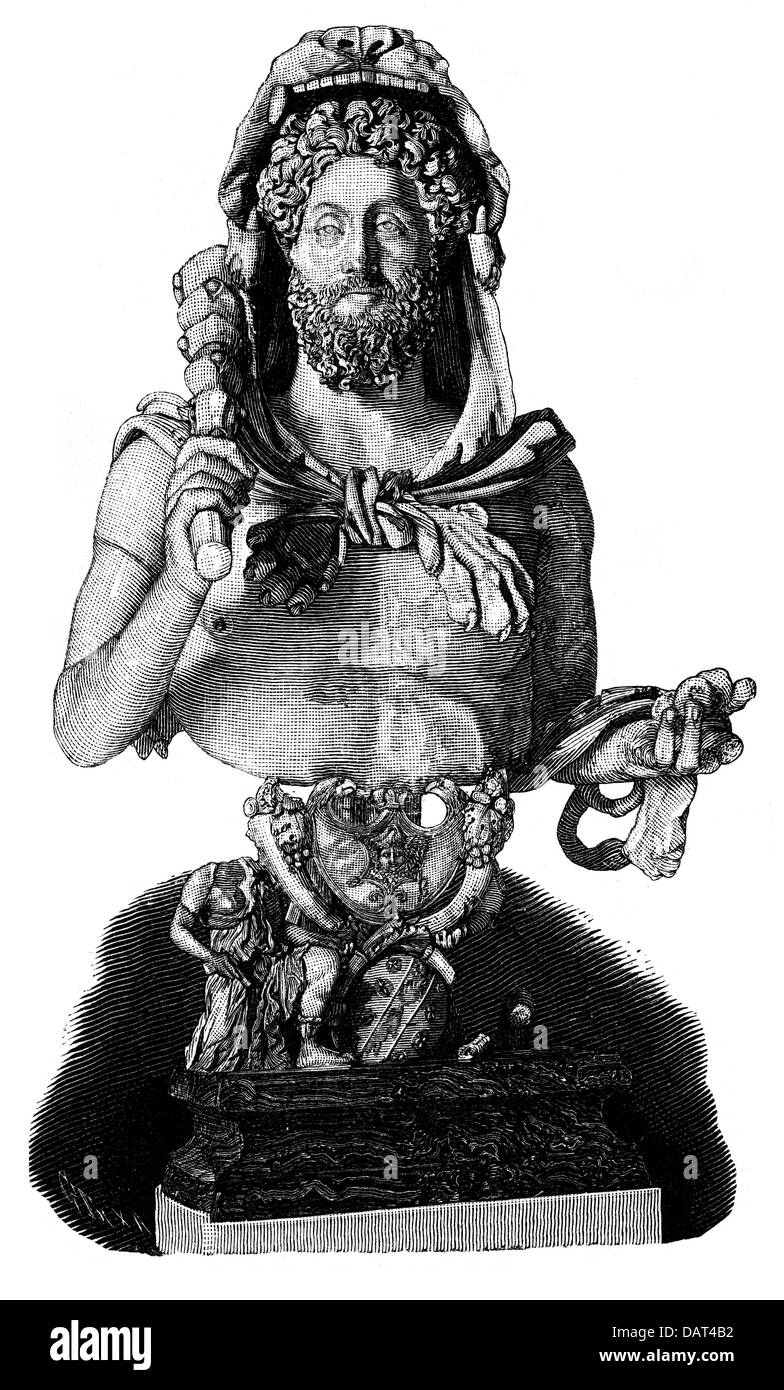 Commodus, Lucius Aelius Aurelius, 31.8.161 - 31.12.192, empereur romain 17.3.180 - 31.12.192, demi-longueur, Hercules, buste, 191/192, gravure sur bois, 19ème siècle, Banque D'Images
