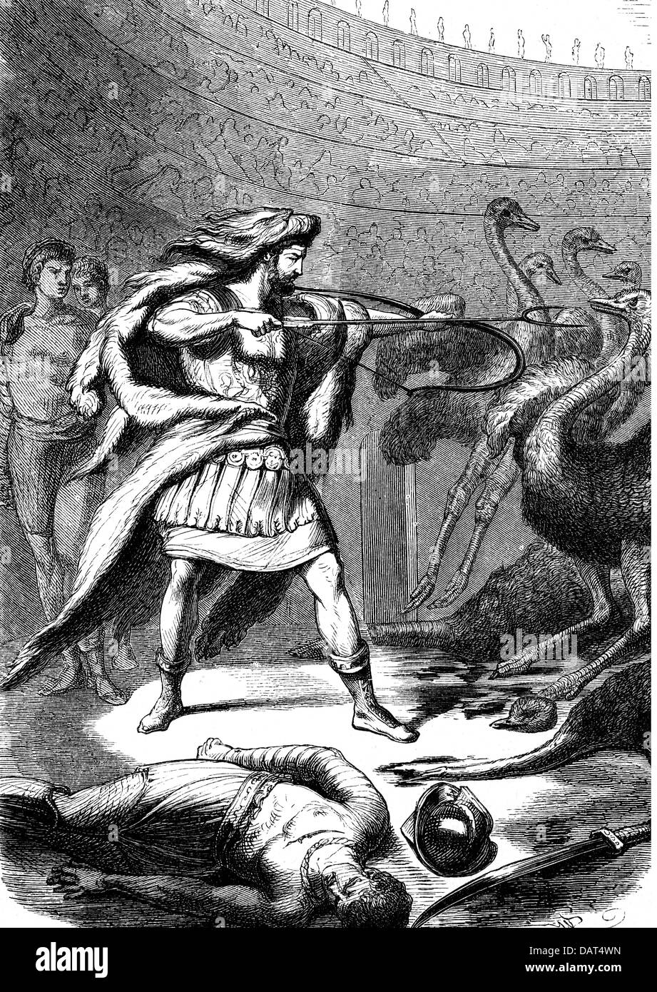 Commodus, Lucius Aelius Aurelius, 31.8.161 - 31.12.192, empereur romain 17.3.180 - 31.12.192, en tant que bestiateur dans l'arène, gravure sur bois, 19ème siècle, Banque D'Images
