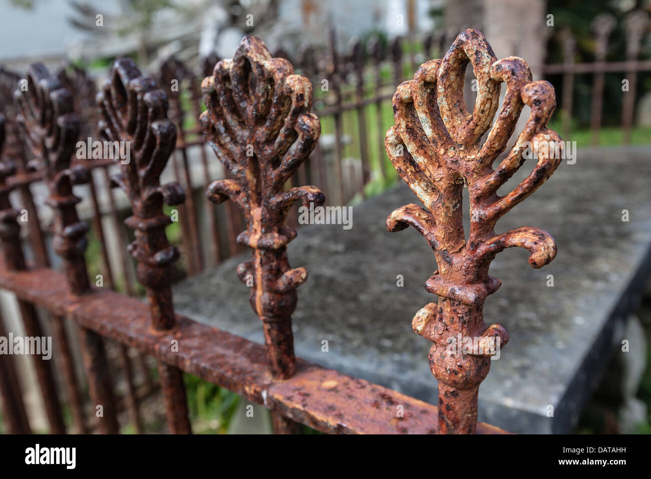 Un vieux fer rouillé clôture entourant un cimetière tombe. Banque D'Images