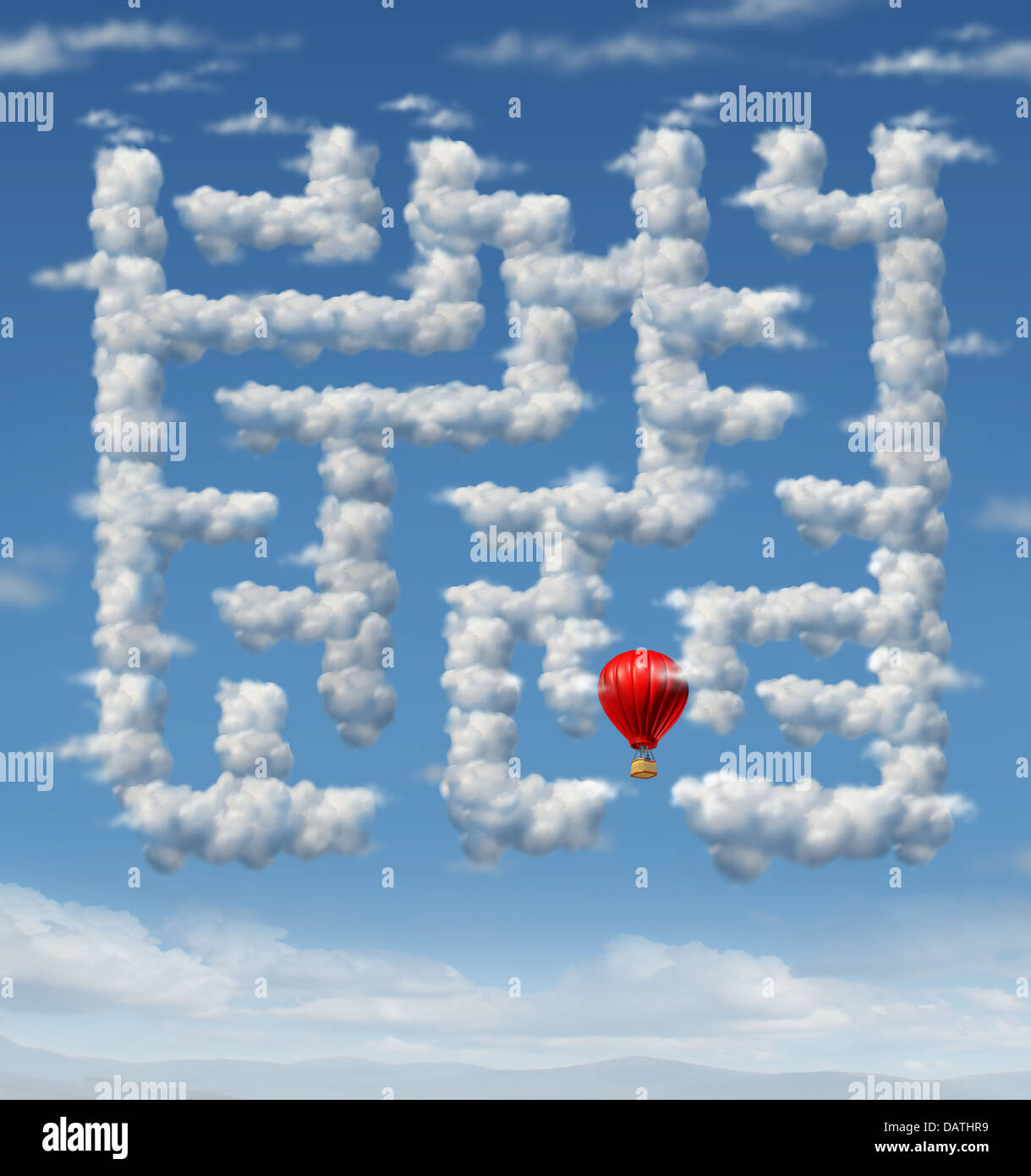 Ciel est la limite concept avec un red hot air balloon flying jusqu'à la sky navigation dans un groupe de nuages de tempête en forme de labyrinthe labyrinthe puzzle ou comme une icône de direction stratégie et le succès de la planification. Banque D'Images