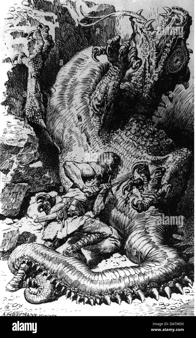 Siegfried, figure légendaire germanique, tue le dragon Fafner, dessin d'Anton Hoffmann, 1906, Banque D'Images