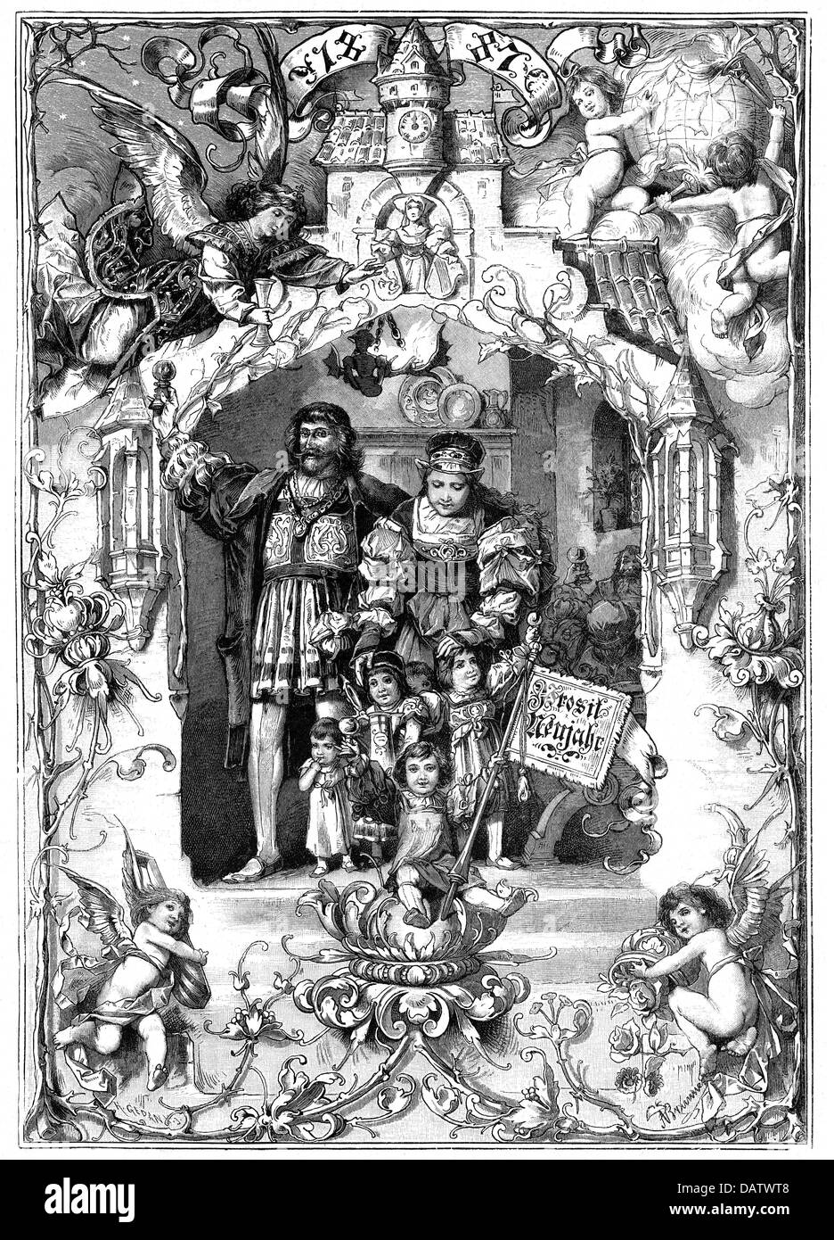 Festivités, Saint-Sylvestre, 'bonne année' (Prosut Neujahr), après A.Brunner, gravure en bois, par H.Gedan, 1887, droits additionnels-Clearences-non disponible Banque D'Images
