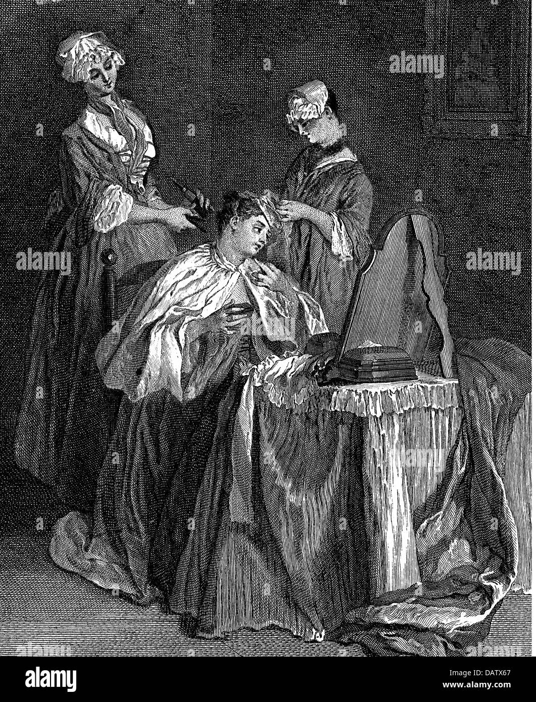 Les cosmétiques, les toilettes d'une dame, après peinture de Nicolas Lancret (1690 - 1745), gravure sur cuivre par M.Horthelms, 18e siècle, 18e siècle, graphique, graphiques, soins de beauté, demi-longueur, assis, s'asseoir, table de maquillage, coiffeuse, tables, commodes, miroirs, miroirs, cape, capes, cheveux, coiffure, coiffure, coiffure, coupe de cheveux, coupes de cheveux, coiffures, coupes de cheveux, soins des cheveux, servante, servantes, faire soi-même, constituant, rattraper, Jean - Baptiste, cosmétiques, cosmétiques, dame, mesdames, historique, historique, femme, femmes, femme, personnage, auteur de l'artiste n'a pas à être effacée Banque D'Images