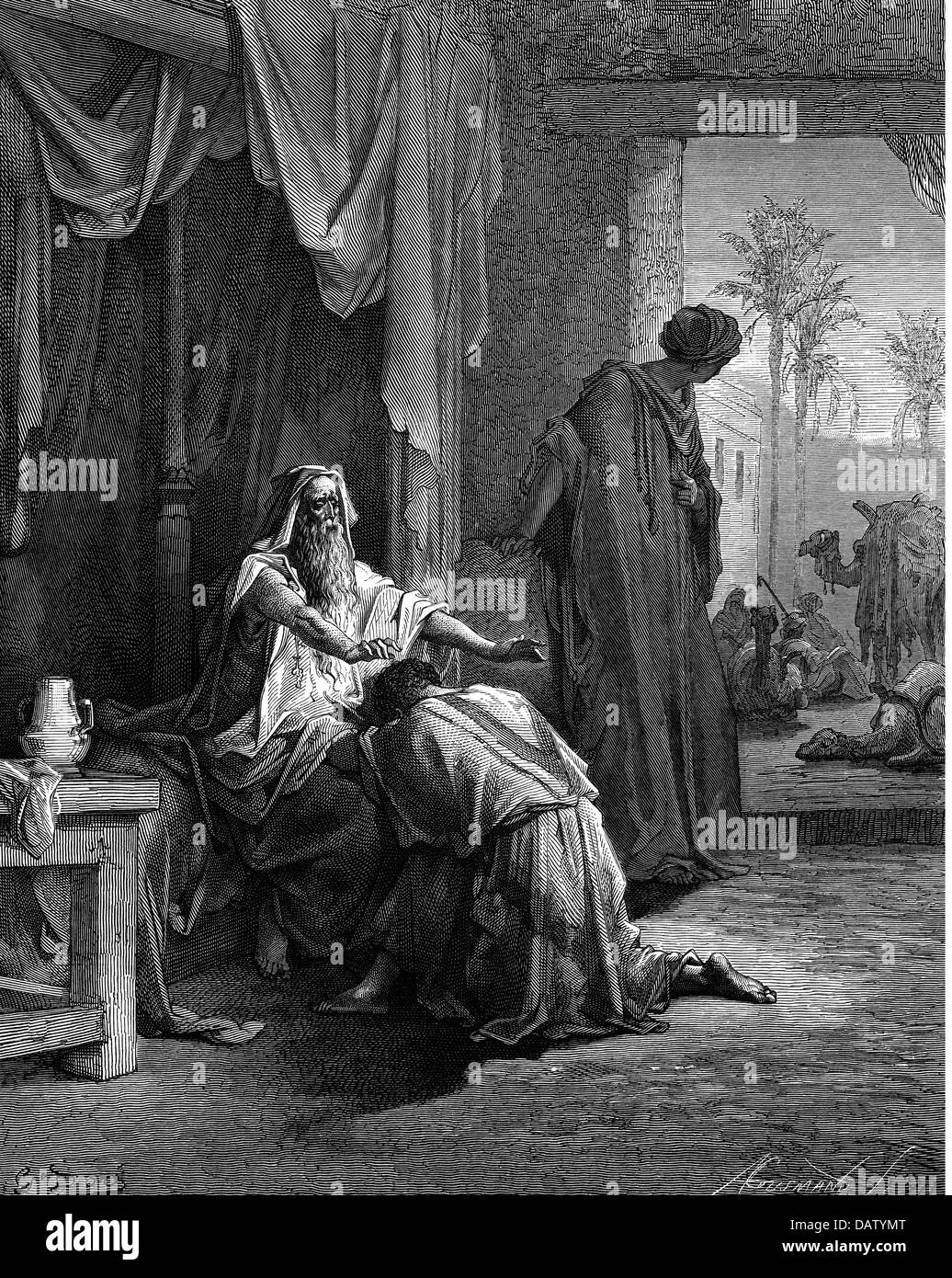 La religion, scènes bibliques, 'Isaac bénit Jacob', gravure sur bois de la Bible par Gustave Doré, 1866, l'artiste n'a pas d'auteur pour être effacé Banque D'Images