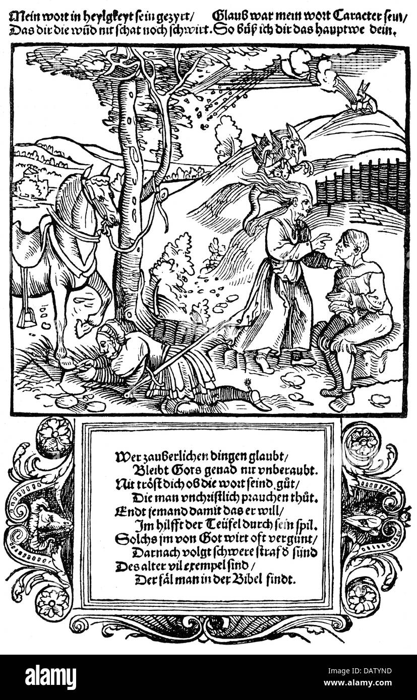 Witches, une sorcière tentante deux hommes, coupe de bois, Allemagne, 1531, droits additionnels-Clearences-non disponible Banque D'Images