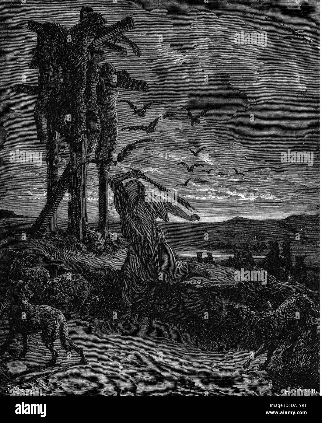 La religion, scènes bibliques, 'protéger les cadavres de Ritspa ses fils', gravure sur bois de la Bible par Gustave Doré, 1866, l'artiste n'a pas d'auteur pour être effacé Banque D'Images