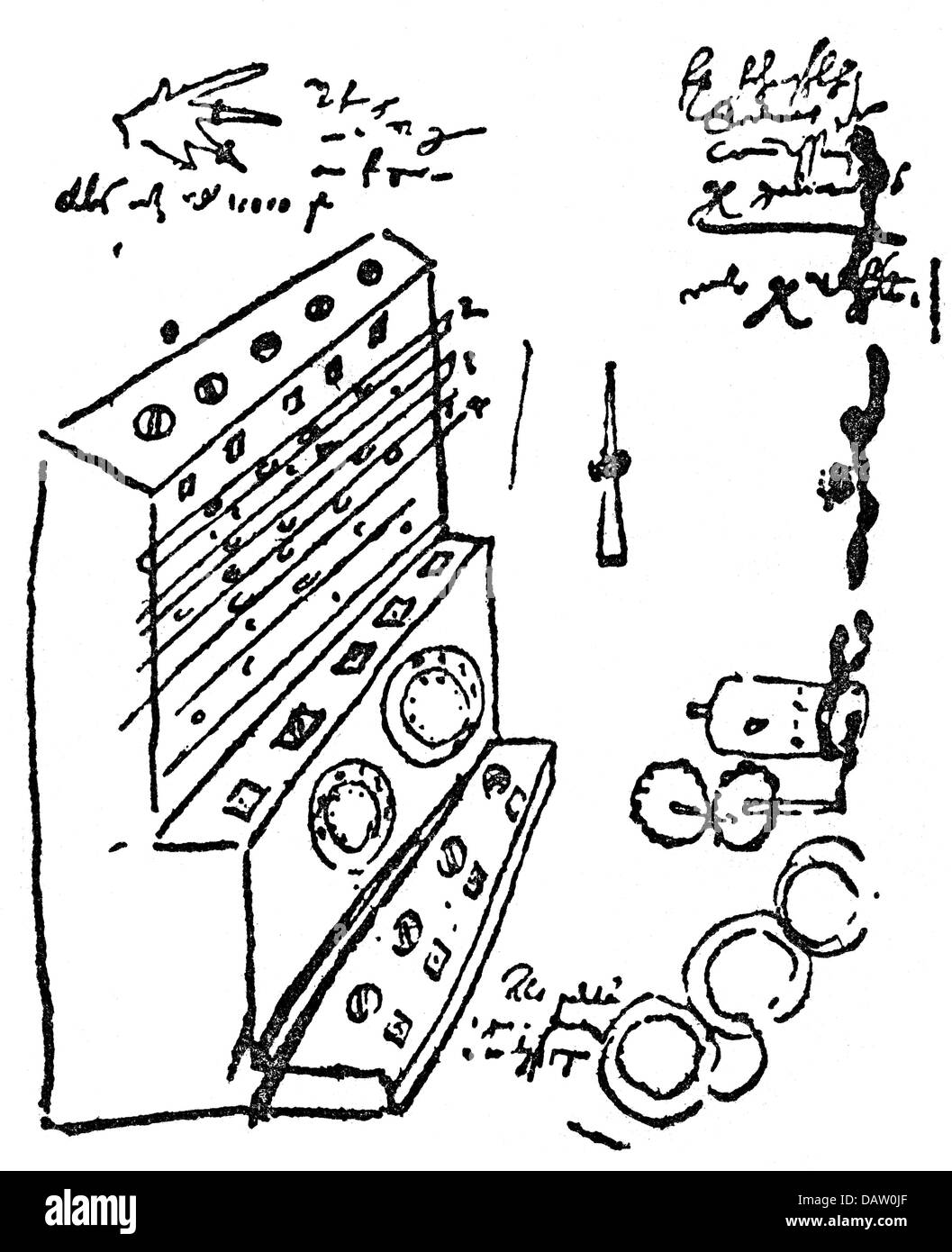 Schickart, Wilhelm, 22.4.1592 - 23.10.1635, scientifique allemand (mathématicien), sa machine à calculer, sketch, 1623, Banque D'Images