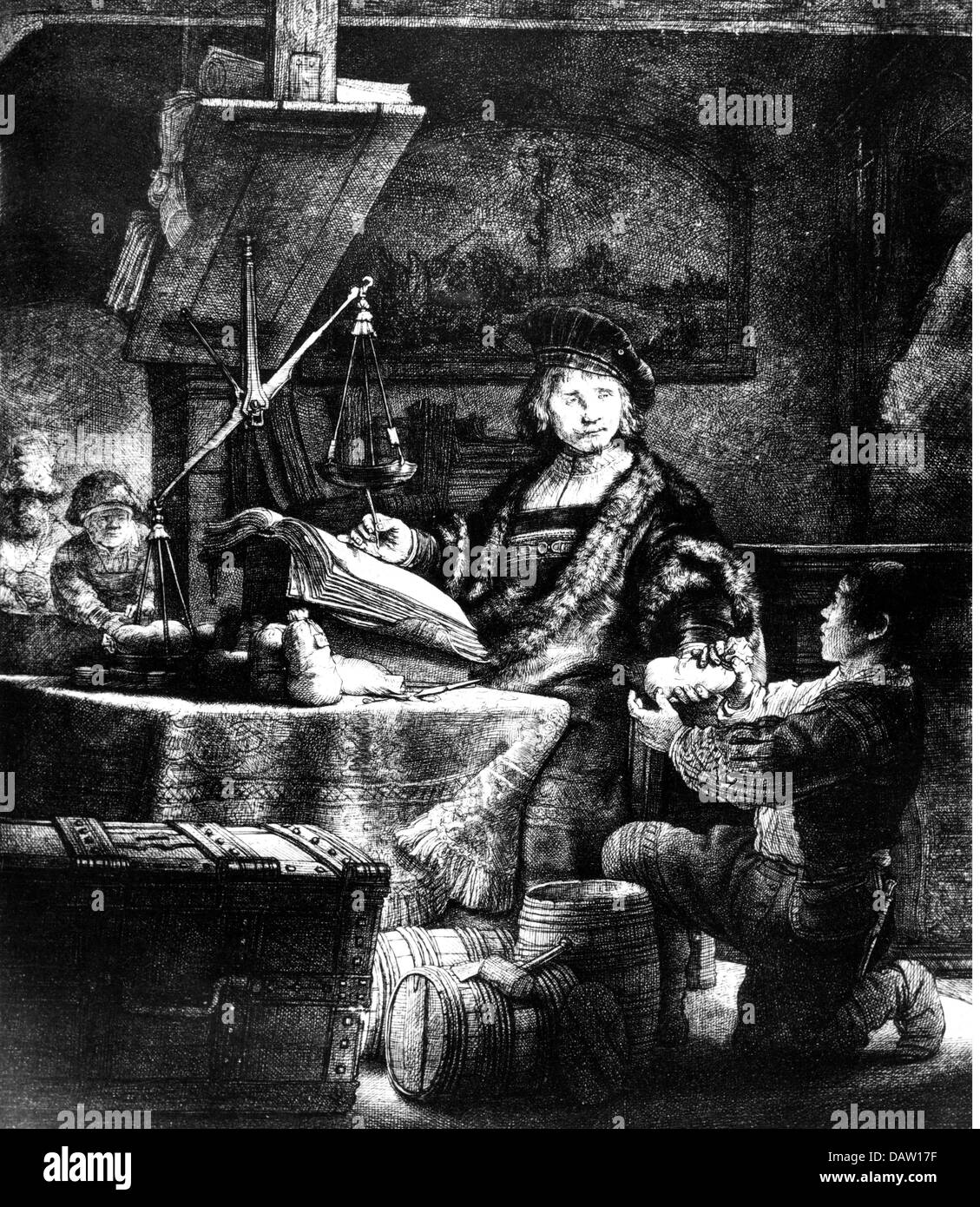 Argent / Finances, intérêts et impôts, 'The Goldweigher', photo du général de l'adhérent fiscal Jan Uytenbogaert, par Rembrandt van Rijn (1606 - 1669), gravure, 1639, droits additionnels-Clearences-non disponible Banque D'Images