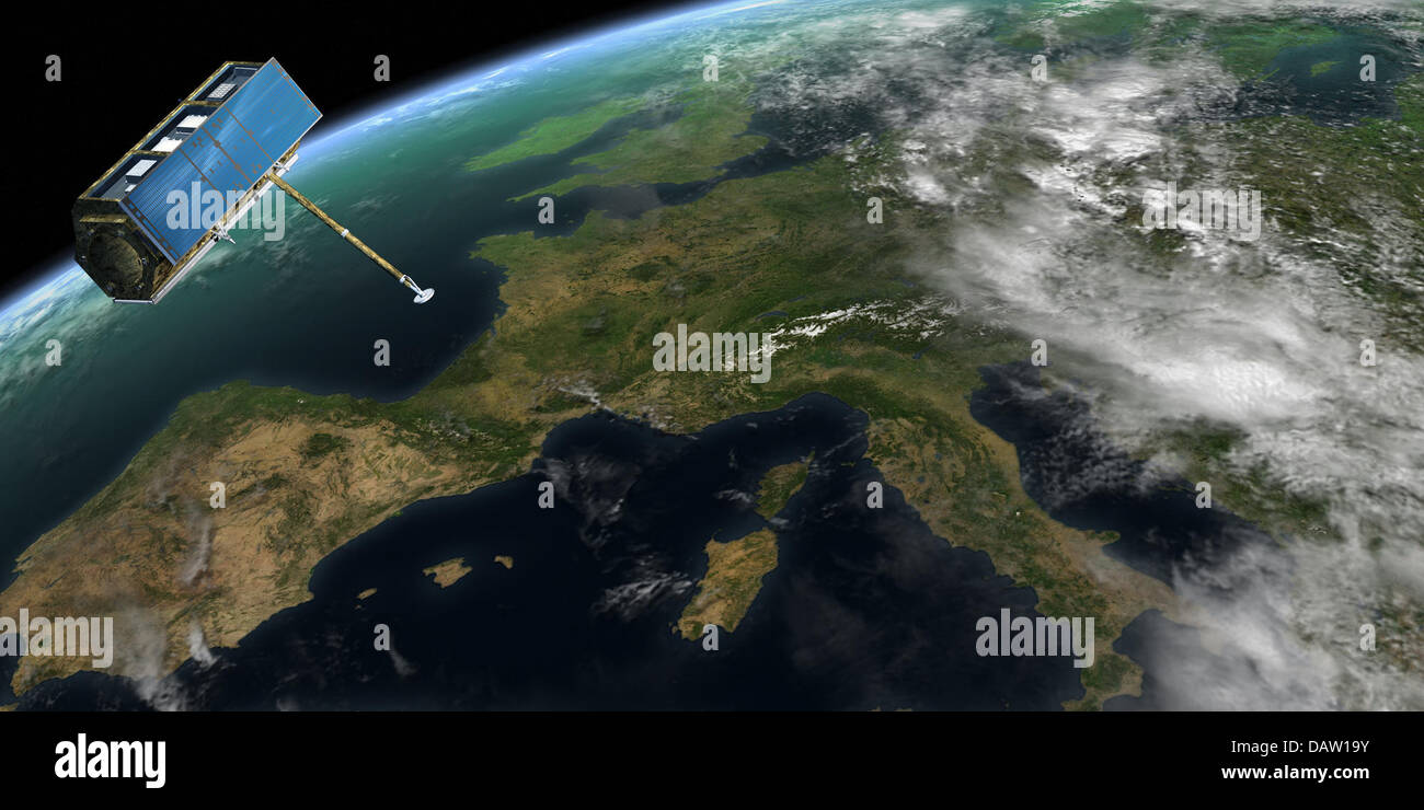 Le graphique de l'EADS Astrium GmbH, située à Immenstaad, présente le satellite TerraSar-X dans l'espace, de l'Allemagne, le vendredi 02 février 2007. Le satellite est d'envoyer les données d'observation de haute qualité de la terre pour des fins scientifiques et commerciales de ses 500 km orbite haute. Les mesures par satellite 5.2 m de longueur et dispose d'un rayon de 2,2 m. Le coût total du projet 130 milli Banque D'Images