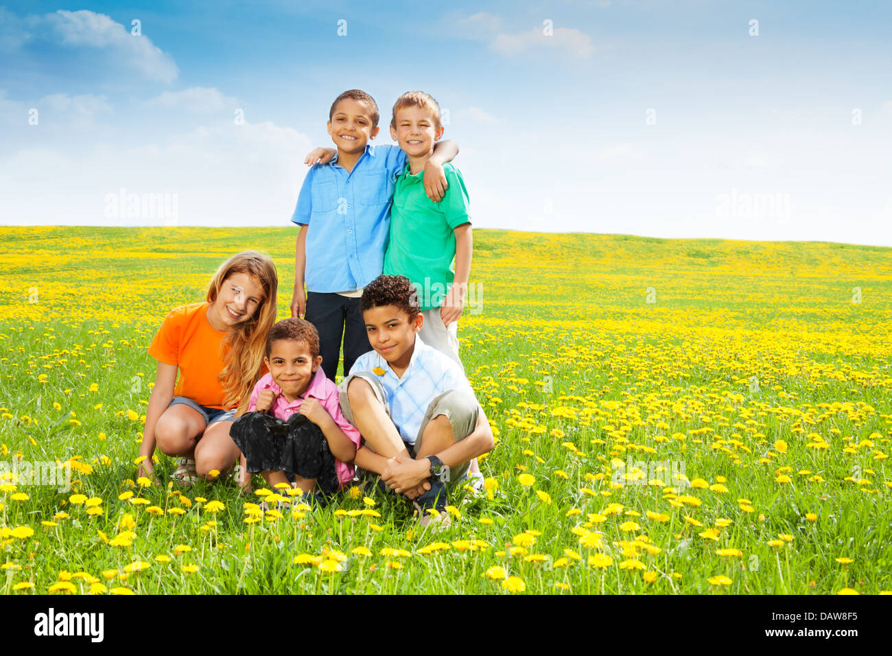 Cinq heureux à la diversité des enfants, garçons et filles dans le domaine de pissenlit propre Banque D'Images