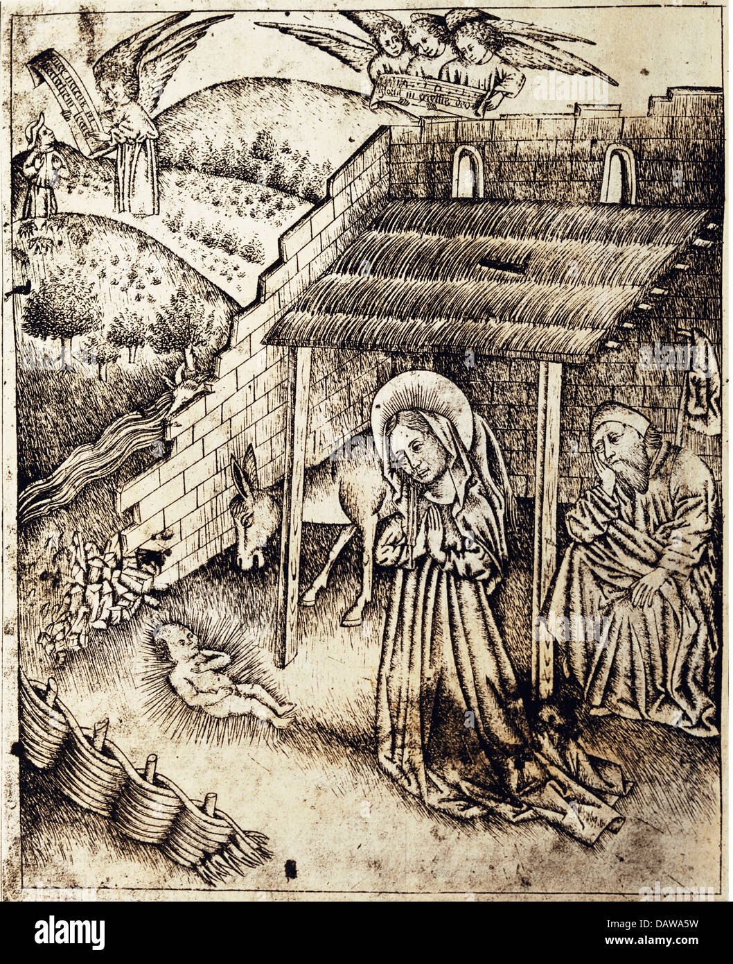 Beaux-arts, Moyen-Âge, estampes, Marie et Joseph adorant le Christ enfant, gravure sur cuivre, par le capitaine du Nuremberg Banque D'Images