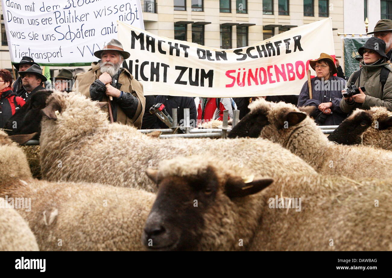 Les bergers et les moutons sont photographié à une protestation rallye devant la porte de Brandebourg à Berlin, mercredi 21 mars 2007. Plusieurs centaines de bergers se sont réunis pour protester contre la montée de l'Union européenne. Photo : Steffen Kugler Banque D'Images