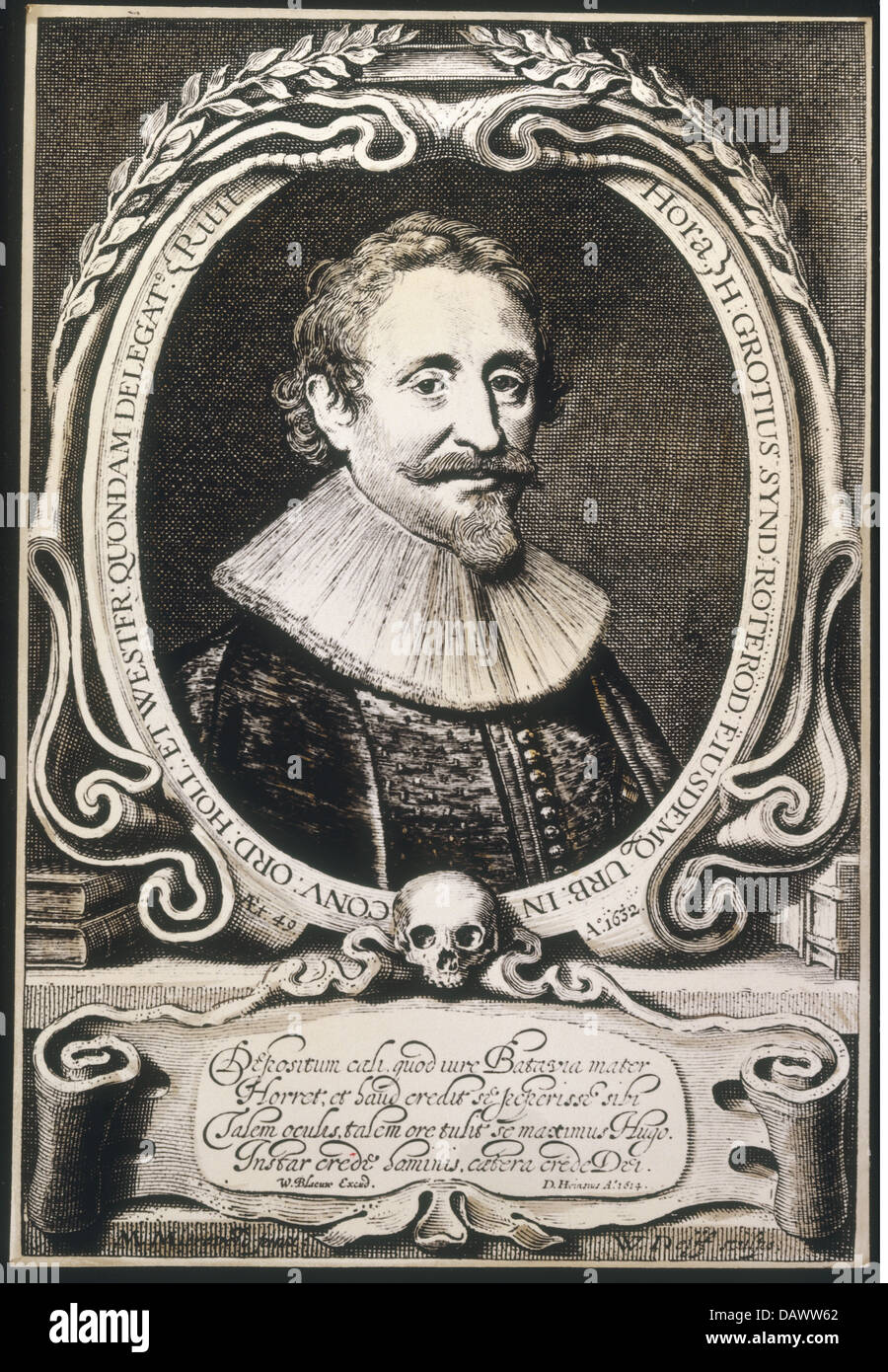 Grotius, Hugo (Huig de Groot), 10.4.1583 - 28.8.1645, l'avocat néerlandais/juriste et auteur, portrait, après peinture par un Mierenvelds, 1614, gravure sur cuivre par J. Delff, 1632, , n'a pas d'auteur de l'artiste pour être effacé Banque D'Images